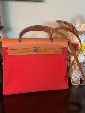 Hermes Red Canvas and Tan Leather Top-Handle Crossbody Excellent Condition.